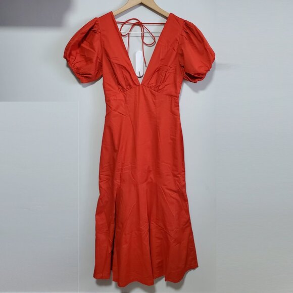 NWT ABERCROMBIE & FITCH Puff Sleeve Slim Poplin Midi Dress V-Neck Red Women's XS - Picture 2 of 16